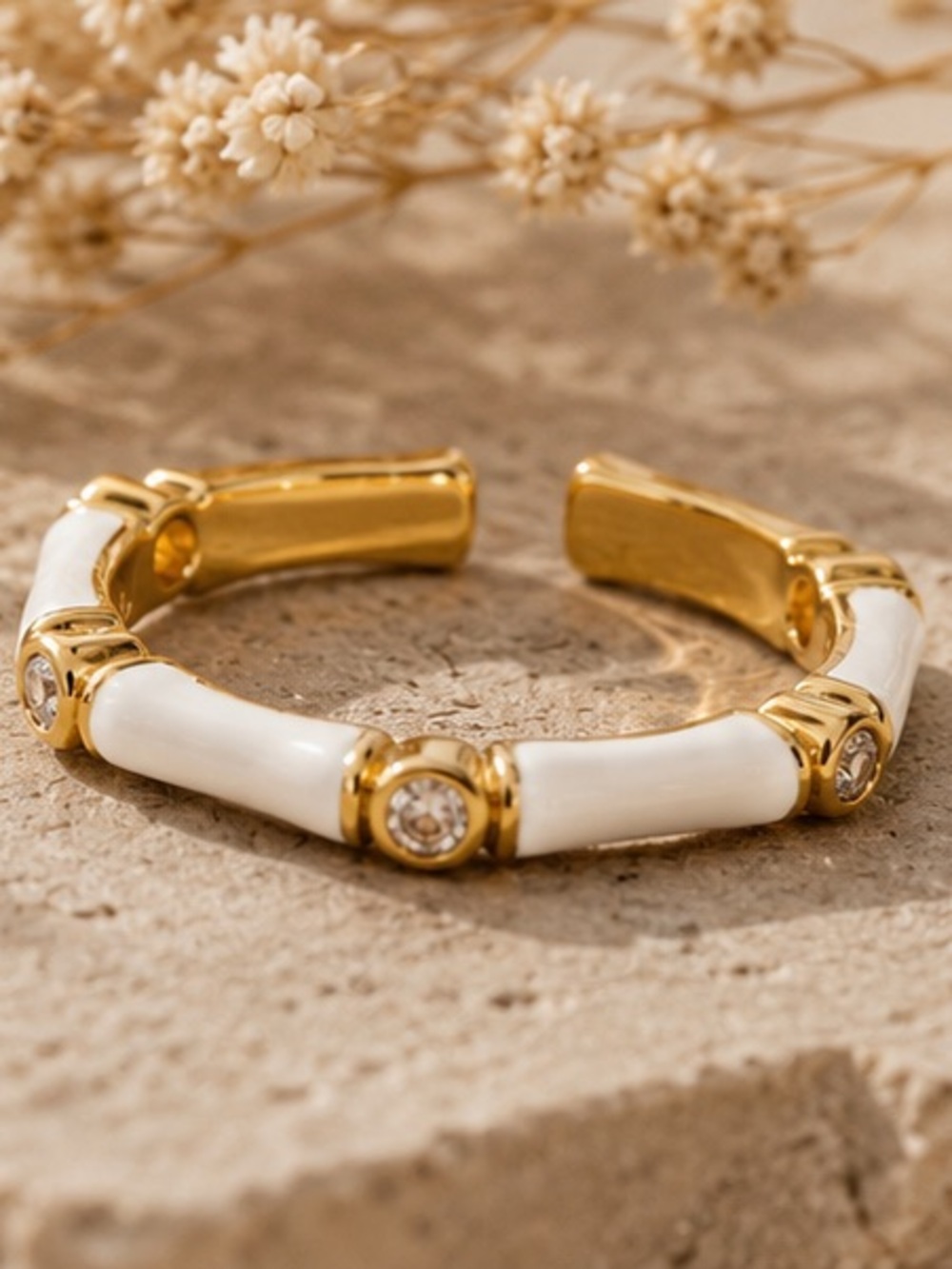 🤍💛Gold White Enamel Bamboo Style Open Ring with CZ Accents